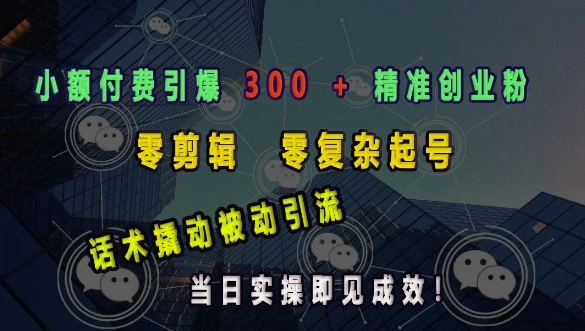 小额付费引爆 300 + 精准创业粉，零剪辑、零复杂起号，话术撬动被动引流，当日实操即见成效 - 福利组