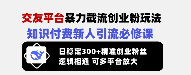 交友平台暴力截流创业粉玩法，知识付费新人引流必修课，日稳定300+精准创业粉丝，逻辑相通可多平台放大- 福利组
