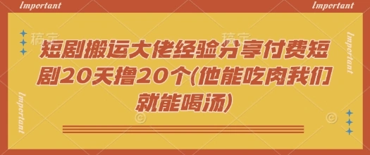短剧搬运大佬经验分享付费短剧20天撸20个(他能吃肉我们就能喝汤) - 福利组