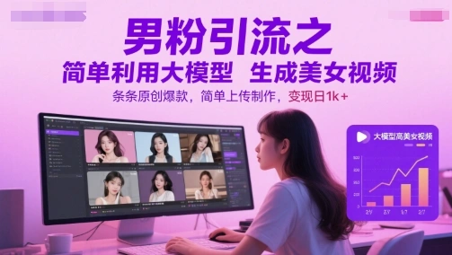 男粉引流之简单利用大模型生成美女视频，条条原创爆款，简单上传制作，变现日1k+ - 福利组