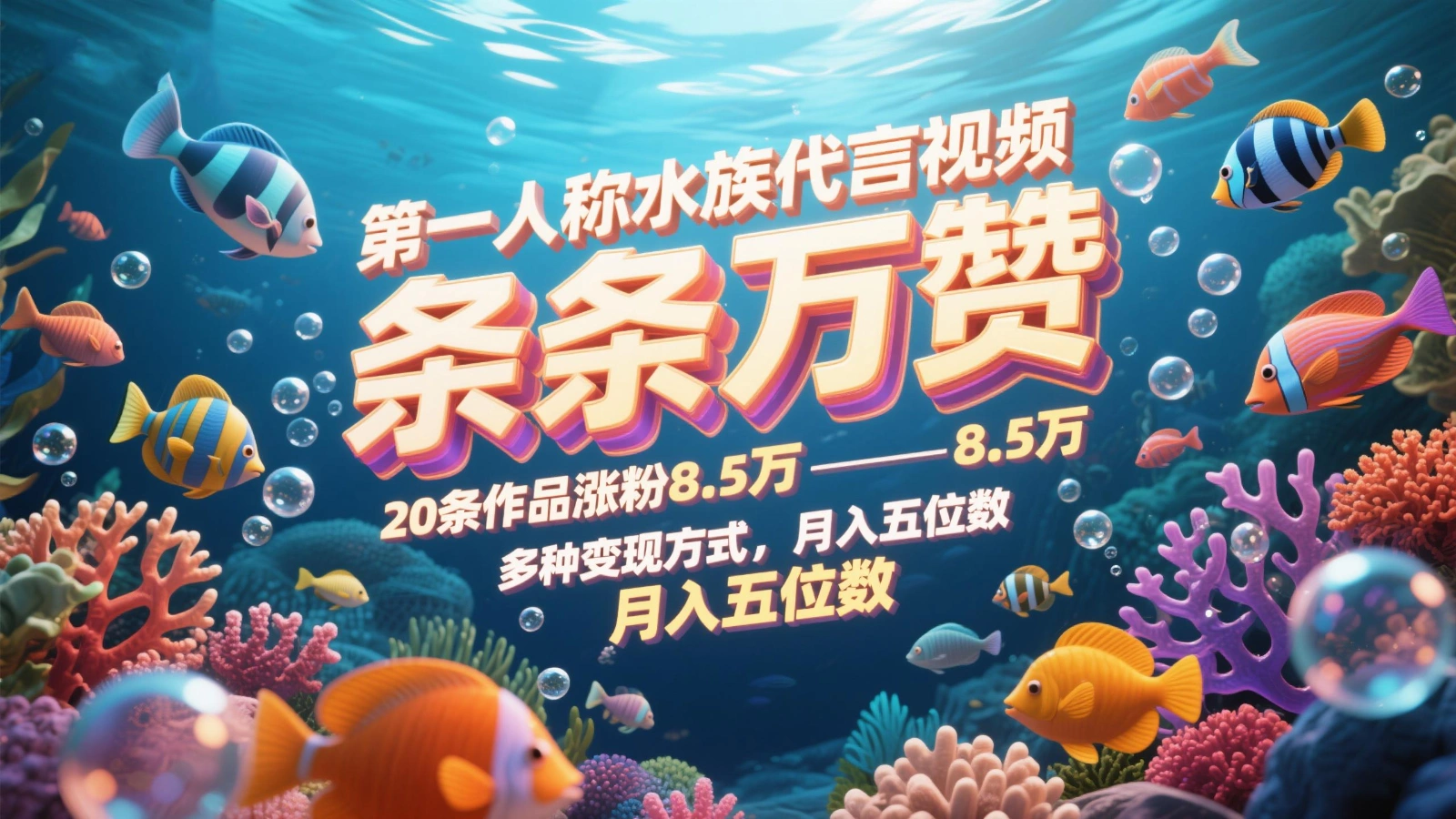 第一人称水族代言视频，条条万赞，20条作品涨粉8.5万，多种变现方式月，入五位数 - 福利组