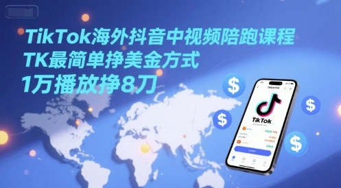 TikTok海外抖音中视频陪跑课程，TK最简单挣美金方式，1万播放挣8刀 - 福利组