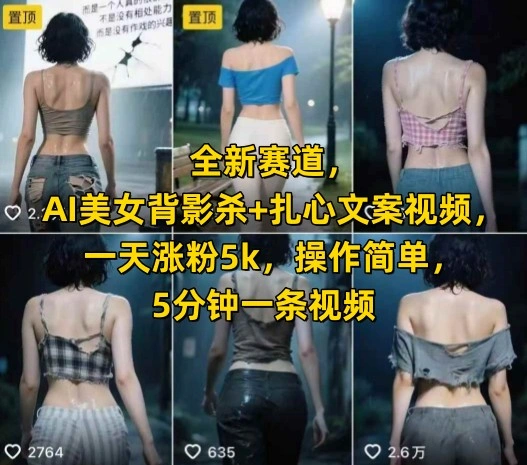 全新赛道，AI美女背影杀+扎心文案视频，一天涨粉5k，操作简单，5分钟一条视频 - 福利组