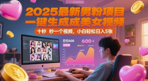 2025最新男粉项目，一键生成美女视频，日引600+色粉 十秒一个视频，小白轻松日入5张【揭秘】 - 福利组